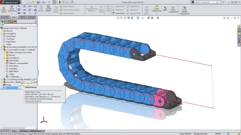 One of numerous new features and capabilities announced today by Dassault Systemes for its SOLIDWORKS 2015 product portfolio, the Chain Pattern feature in SOLIDWORKS 2015 lets you pattern components along an open or closed loop path to simulate roller chains, energy chains, and power transmission components. For more information, visit http://www.solidworks.com/launch. (Graphic: Business Wire)