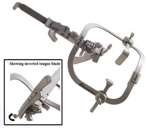 Showing the Flex® Retractor, which is uniquely designed for robotic and laser microsurgery procedures. It is fully adjustable for optimal exposure in more patients; with its low profile and lightweight design, it is easy to handle and position. (Insert) Only the Flex® Retractor enables axial rotation of blade for unprecedented exposure of the base of tongue. (Photo: Business Wire) 