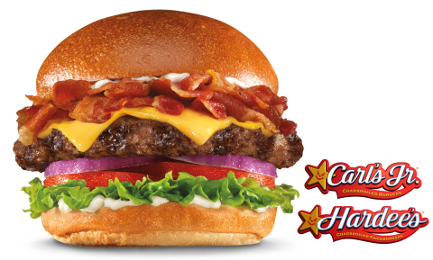 Now arriving at Carl's Jr.(R) and Hardee's(R), the new Mile High Bacon Cheese Thickburger features premium, thick-cut Applewood-smoked bacon piled sky high on top of a charbroiled, 100 percent Black Angus beef Thickburger patty, along with American cheese, red onion, tomato, lettuce and mayonnaise, all served on a Fresh Baked Bun. (Photo: Business Wire)