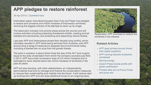 Asia Pulp and Paper: Landscape Conservation -

Here, environmental campaigner Tony Juniper explains how Asia Pulp and Paper (APP) is implementing a landscape approach to conservation as part of its Forest Conservation Policy (FCP). In addition, APP has committed to support the protection and restoration of one million hectares of rainforest across Indonesia.