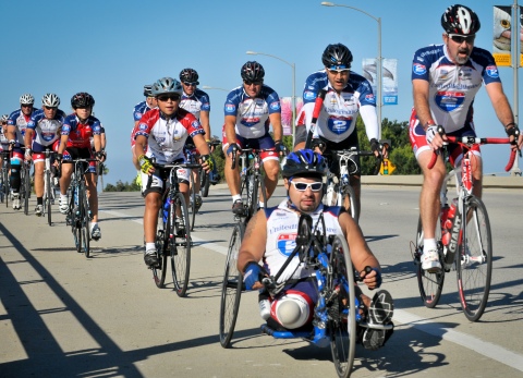 Jose Miranda (middle foreground) of Pasadena, Calif., uses his hands and arms to pedal his recumbent during last year's UnitedHealthcare Ride 2 Recovery California Challenge. A U.S. Navy veteran, Miranda lost his right leg above the knee when he was run over by a jet while stationed on an aircraft carrier in the Pacific. Earlier this year after regaining strength and balance, Miranda began riding an upright road bike and plans to participate in this year's UnitedHealthcare Ride 2 Recovery California Challenge, a 465-mile ride from the San Francisco Bay Area to Los Angeles Oct. 5-11 (Photo: Tiffini Skuce).