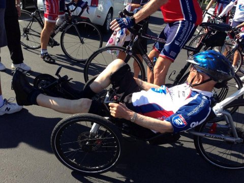 Lt. Col. Robert Friend, 94-year-old Tuskegee airman, tests his recumbent bicycle on a training ride for the upcoming UnitedHealthcare Ride 2 Recovery California Challenge. Friend will join more than 200 cyclists for the last several miles of the ride and across the finish line at VA West Los Angeles Medical Center on Oct. 11 (Photo courtesy of Lt. Col. Robert Friend).