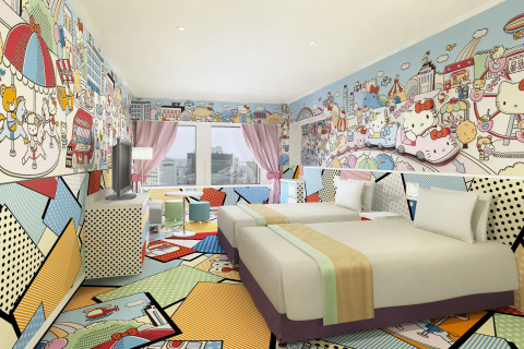 The "Kitty Town" Rooms with a fun, pop-art feel, depict Hello Kitty having fun at an amusement park & enjoying shopping with her friends and family. (C) 1976, 2014 SANRIO CO., LTD. APPROVAL No. SP550961 (Photo: Business Wire)