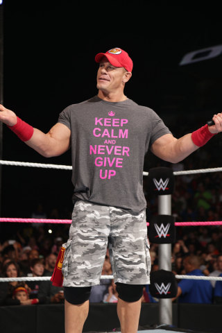 WWE Superstar John Cena in a "Keep Calm and Never Give Up" Susan G. Komen/WWE T-shirt. (Photo: Business Wire)