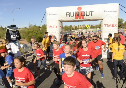 More than 200 youth and UnitedHealthcare's Dr. Health E. Hound take off for the finish line at this morning's UnitedHealthcare IRONKIDS Las Vegas Fun Run at Henderson Pavilion. (Photo credit: Bryan Steffy)