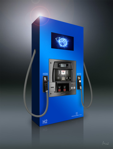 Conceptual artist rendering of a hydrogen dispenser by FirstElement Fuel, a company dedicated to providing retail hydrogen to customers of fuel cell electric vehicles. FirstElement, who won a California Energy Commission grant to build the first phase of the California hydrogen network, announced a $25.5 Million deal to buy hydrogen station equipment from Air Products - this represents the largest deal ever of its kind. FirstElement is working with Bennett Pump company on a unique look and design for its hydrogen dispenser. (Graphic: Business Wire)