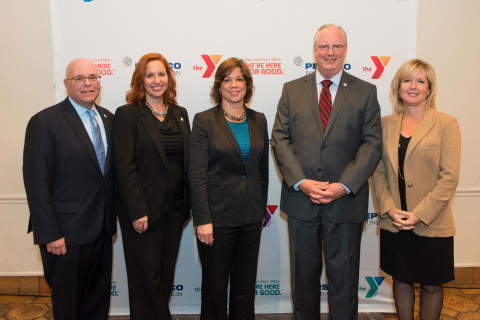 (Left to right) Gary Laermer, Chief Development Officer, YMCA of Greater New York, Lori Rose Benson, Vice President of Healthy Lifestyles, YMCA of Greater New York, Deborah Rosado Shaw, senior vice president and Chief Global Diversity and Engagement Officer at PepsiCo, Jack Lund, President & CEO, YMCA of Greater New York, and Sue Norton, Vice President, Global Citizenship and Sustainability, PepsiCo Foundation join together to celebrate the expansion of the Y-MVP program. (Photo: Business Wire)
