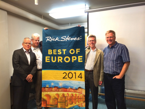 Pictured (L to R): David Friesen (Chairman, Friesens), Doug Symington (General Sales Manager, Friesens), Steve Iwanicki (Regional Sales Manager-USA, Friesens), and guidebook author Rick Steves.(Photo: Business Wire) 