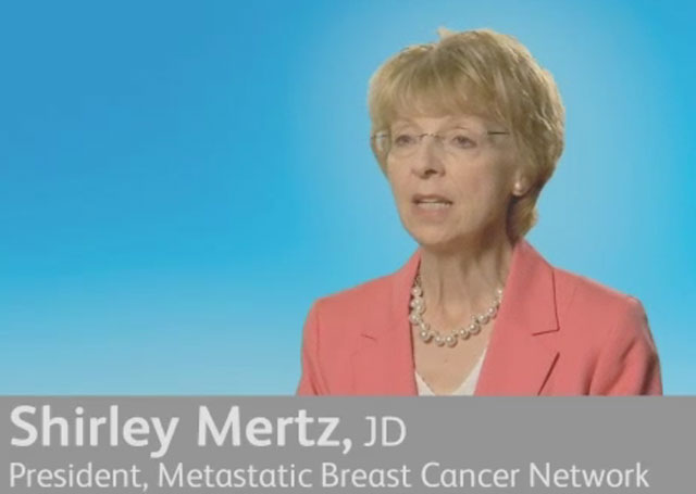 Shirley Mertz, JD, President, Metastatic Breast Cancer Network discussing the need for greater public understanding of metastatic breast cancer.
