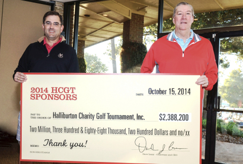 The 21st annual Halliburton Charity Golf Tournament raised a record of nearly $2.4 million, making it one of the largest non-PGA golf tournament fundraisers in Houston. Holding a check signifying the donation that will benefit 36 nonprofit organizations across the U.S. are (left to right) Jeff Miller, Halliburton president, and Dave Lesar, Halliburton chairman and CEO. (Photo: Business Wire)