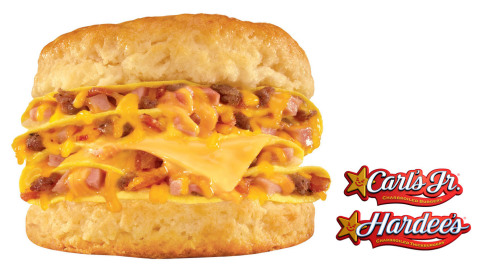 Carl's Jr.® and Hardee's® introduce the new Double Loaded Omelet Biscuit featuring freshly baked Made from Scratch™ Biscuits, piled high with two folded-egg omelets, each stuffed with crumbled sausage, diced ham, chopped bacon pieces and shredded Jack and cheddar cheeses and topped with a slice of American cheese. (Photo: Business Wire)