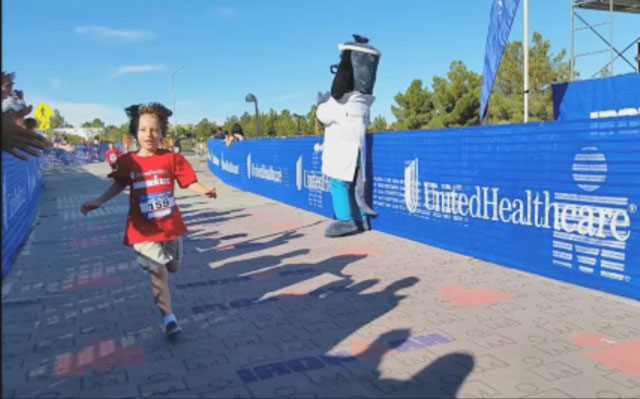 UnitedHealthcare mascot Dr. Health E. Hound is at the finish line of a recent UnitedHealthcare IRONKIDS Fun Run in Las Vegas. Miami kids ages 3-15 are invited to participate in the inaugural UnitedHealthcare Miami Fun Run Saturday, Oct. 25, at 9 a.m. at Bayfront Park. The 1/4, 1/2, and 1-mile course will take place along portions of the 2014 City Bikes IRONMAN 70.3 Miami race course, which begins the next day (Video: Kin Lui).