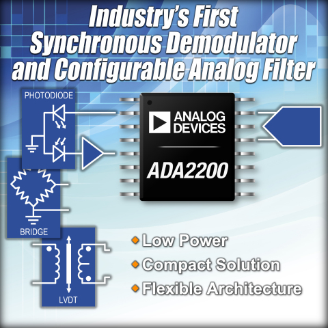 Analog Devices' Synchronous Demodulator with Configurable Analog Filter Improves Signal Measurement Sensitivity in Low-Power Applications ADI's ADA2200 demodulator raises performance threshold for low-power signal processing applications, while reducing system complexity and board space. (Graphic: Business Wire)