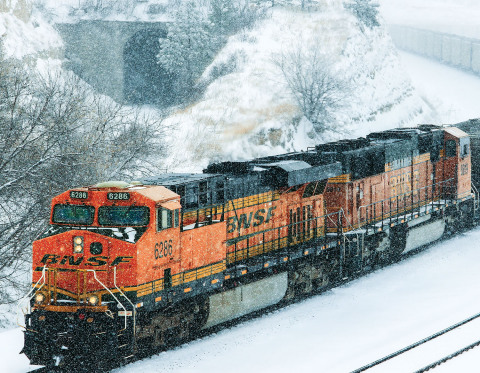 A BNSF train makes its way past Belmont Tunnel in western Nebraska during a heavy snowstorm.