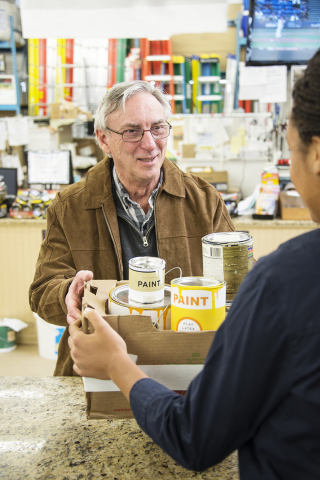 Drop off leftover paint, stain and varnish at your local paint and hardware store for recycling or proper disposal. (Photo: Business Wire)