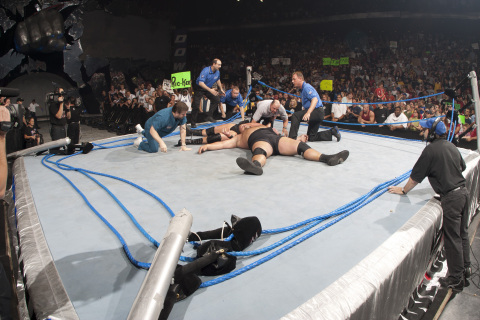 Iconic SmackDown Moment: The SmackDown ring collapses after Big Show gets superplexed off the top rope. (Photo: Business Wire)