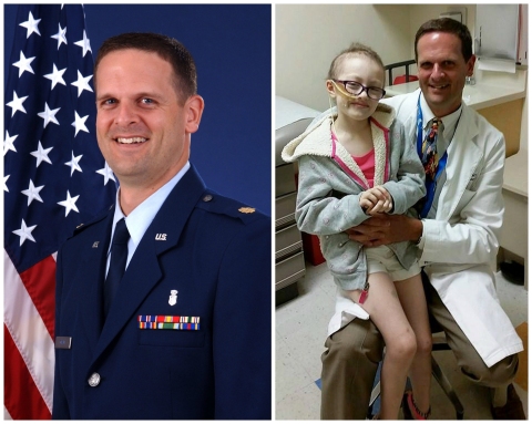 Gerald Grant, MD, chief of pediatric neurosurgery at Stanford Children's Health and Lucile Packard Children's Hospital Stanford, is a former lieutenant colonel in the U.S. Air Force. "My time in Iraq is definitely a part of who I am, and I think it has played a large role in helping me care for kids," said Grant, pictured here with patient Emily Zimmerman of Reno, NV. (Photo: Business Wire)
