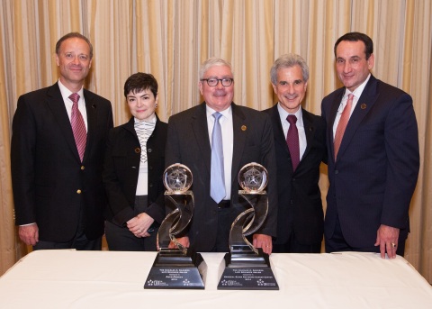 2014 Dr. Charles A. Sanders Life Sciences Award Winners: AstraZeneca and Memorial Sloan Kettering Cancer Center (Left to Right) Mr. Christopher Viehbacher (CEO Roundtable on Cancer), Ms. Nevine Zariffa (AstraZeneca), Dr. Gregory Curt (AstraZeneca), Dr. Howard Scher (Memorial Sloan Kettering Cancer Center), Coach Mike Krzyzewski (Duke University Athletics) (Photo: Business Wire)