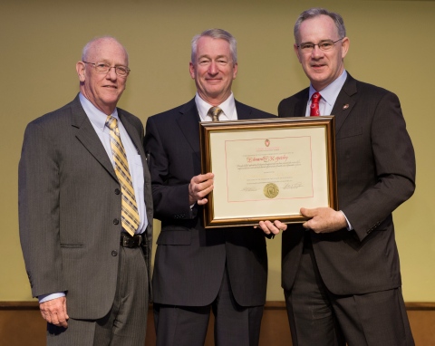 Ed Kopetsky, chief information officer at Stanford Children's Health, received a Distinguished Achievement Award on October 24, 2014, from the College of Engineering at the University of Wisconsin-Madison. At the award ceremony are, L-R, Dave Gustafson, emeritus research professor; Kopetsky; and Ian Robertson, dean of the College of Engineering. (Photo: Business Wire)