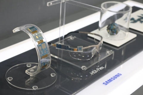 This is a HDI-Flex PCB for wearable devices produced by Samsung Electro-Mechanics on display at the 16th China Hi Tech Fair ELEXCON 2014. (Photo: Business Wire)