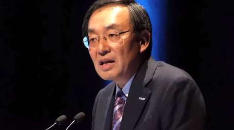 Panasonic President Tsuga presenting a keynote speech at IEC Tokyo. (Photo: Business Wire)