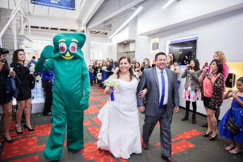 The Container Store’s unofficial mascot representing the flexibility one must have in retail, Gumby, made a surprise appearance as the couple exited the reception. (Photo: Business Wire)