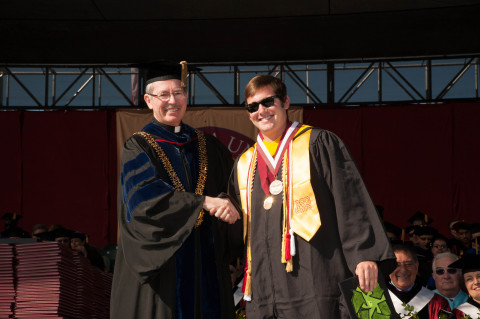SCU President Michael Engh, S.J. and the Santa Clara University community congratulate alum Aven Satre Meloy '13 on his Rhodes Scholarship. (2013 Graduation pictured here.) (Photo: Business Wire)