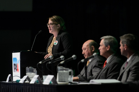 The Colorado Oil & Gas Association’s (COGA) Sarah Landry welcomes attendees at the 2014 NAPE Business Conference in Denver. Panel discussions addressed the operating environment in the Rockies and regulatory issues faced by producers. From left to right: Sarah Landry, Director of Operations & Programs, COGA; Alan Harrison, Vice President Drilling Operations, WPX Energy; Steve Trippett, Senior Asset Director, PDC Energy; and Mike Brunstein, Vice President of Rockies Basin, Schlumberger. (Photo: Business Wire)