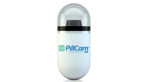 PillCam® SB uses a miniaturized camera contained in a disposable capsule that naturally passes through the digestive system, allowing physicians to directly view the small bowel, without sedation or radiation. This procedure helps health care practitioners detect and monitor lesions, ulcers, and tumors within the small bowel, which may be the source of obscure GI bleeding, Crohn’s disease and iron deficiency anemia. (Photo: Business Wire)