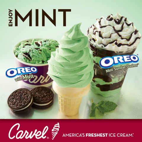 Carvel's Mint soft ice cream, OREO(R) with mint ice cream and OREO(R) Sundae Dasher(TM). (Photo: Business Wire)