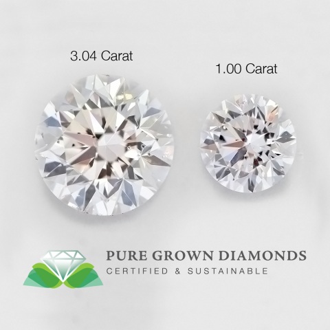 Side-by-side: world's largest laboratory cultivated 3.04 carat diamond compared to one carat stone.