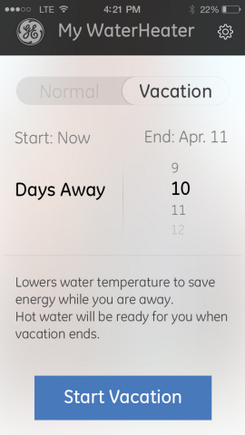 Adjust the temperature of your water heater from your phone, plus schedule the vacation mode while you’re away to save energy. (Photo: GE)