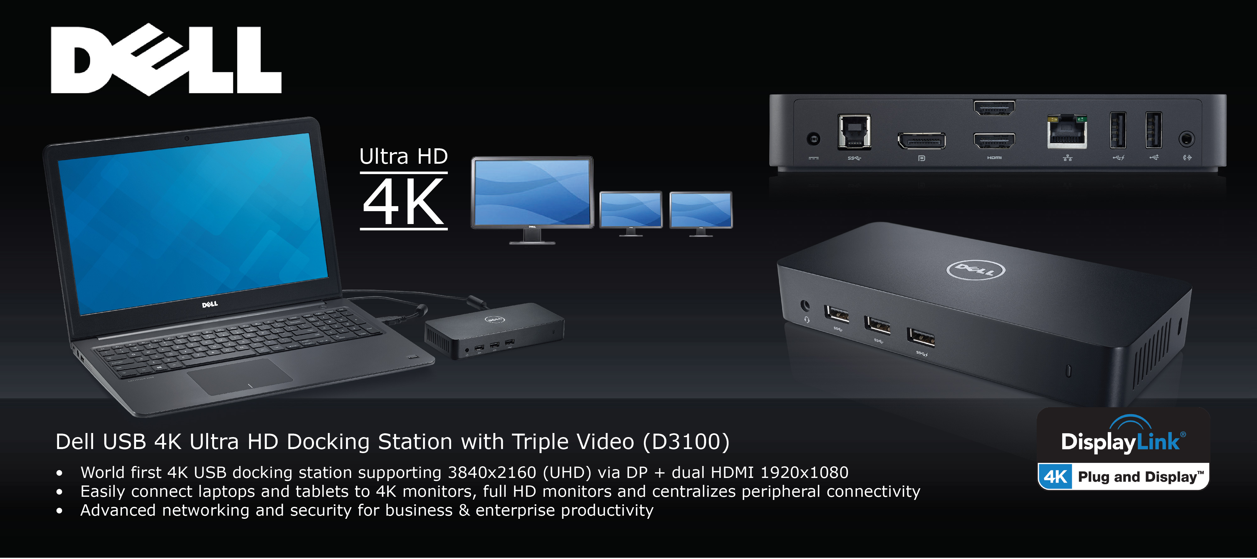 Dell USB 3.0 Ultra HD Triple Video Dock D3100 .