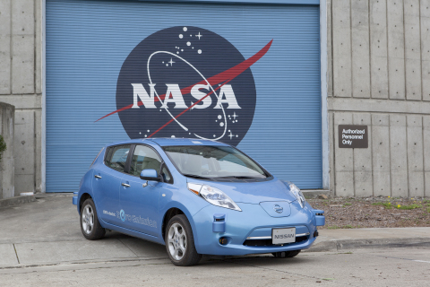 The all-electric Nissan Leaf fitted with autonomous drive equipment allowed to park at NASA's Ames Research Center. (Photo: Business Wire)
