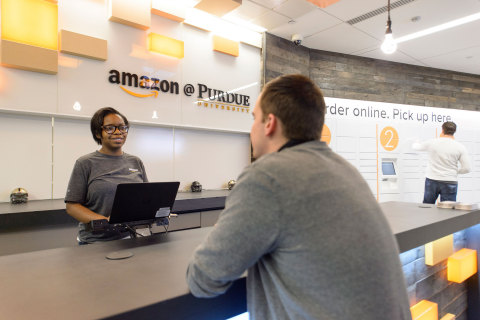 Amazon Launches First-Ever Staffed Campus Pickup and Drop-Off Location, Free One-Day Pickup at Purdue University. (Photo: Business Wire)