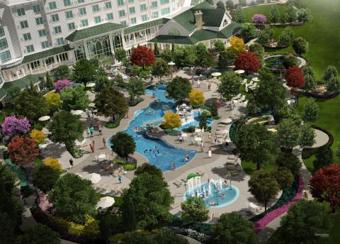 Aerial view of Dollywood's DreamMore Resort outdoor pool, the Swimming Hole. The pool features waterfalls, a lazy stream and a splash pad.(Photo: Business Wire)