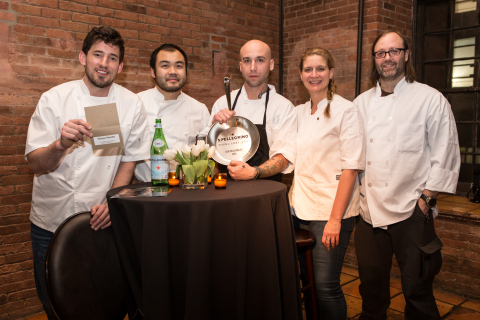 Chef Vinson Petrillo of Charleston, SC secures his place in the S.Pellegrino Young Chef 2015 finals after presenting a signature dish to judges Chef Blaine Wetzel, Chef Paul Qui, Chef Amanda Freitag and Chef Wylie Dufresne at Astor Center in New York City on February 10, 2015. (Photo: Business Wire)