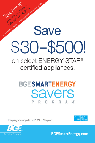 BGE reminds customers to shop Maryland's upcoming tax-free weekend, Shop Maryland Energy, to combine savings from tax-free shopping with BGE Smart Energy Savers Program® rebates on new ENERGY STAR® certified products and appliances. Rebates range from $30 to $500 on qualified energy efficient appliances. Customers can take advantage of BGE Smart Energy Savers Program rebates year-round. For more information visit bgesmartenerg.com. (Graphic: Business Wire)