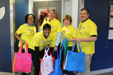 UnitedHealth Group volunteers brought a HeARTS-themed Project Sunshine party to the patients and families at Children's Healthcare of Atlanta. L to R: Jocelyn Chisholm Carter, Sherri Rushing, David Sturkey, Dr. Lessa Phillips and Garland Scott (Photo courtesy of Project Sunshine).