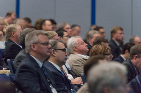 Spectators listen intently as keynote speaker Jack Stark, president and COO of Continental Resources, addresses the audience at the NAPE Business Conference during the morning session. Stark discussed the multiple challenges facing industry, in light of low oil prices, including the impacts of continually-falling rig counts. (Photo: Business Wire)