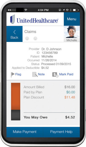The Health4Me app from UnitedHealthcare now enables consumers to pay their medical bills with a credit card, debit card, health savings account or bank account (Graphic: UnitedHealthcare).
