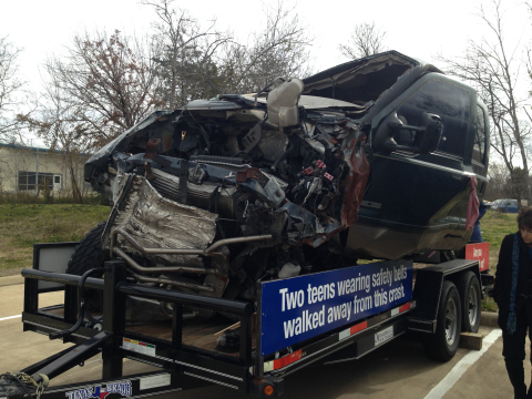 This TxDOT display is touring Texas to encourage students to "Click It or Ticket." Two Texas teenagers walked away from this mangled truck because they were wearing seat belts. (Photo: Business Wire)