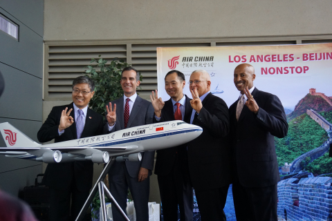 Los Angeles Mayor Eric Garcetti (second from left) joins Dr. Zhihang Chi, Air China's Vice President for North America, and Ambassador Jian Liu of the Chinese Consulate General of the People's Republic of China in Los Angeles in announcing Air China's third daily service between Los Angeles and Beijing. (Photo: Business Wire) 