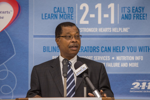 Dr. Maxwell Ohikhuare, MD, San Bernardino County Department of Public Health, speaks at the launch of a new community helpline for heart-failure patients on Thursday, February 19, 2015. The new Stronger Hearts™ Helpline will provide patients and caregivers with free, 24/7 resources to help them understand and manage heart failure. (Photo: Business Wire)