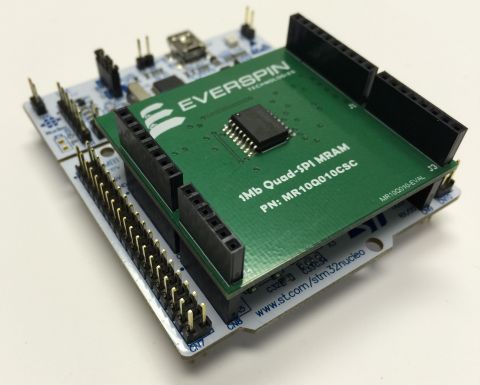 Everspin's MR10Q010-EVAL MRAM shield with STMicroelectronic's NUCLEO-F411RE Arduino-derived evaluation board. (Photo: Business Wire)
