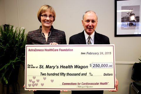 From left to right: L. Kristin Newby, MD, MHS, Trustee, AstraZeneca HealthCare Foundation and Dr. James W. Blasetto, Chairman, AstraZeneca HealthCare Foundation at a ceremony today for the presentation of a grant for $250,000 to St. Mary's Health Wagon from the AstraZeneca HealthCare Foundation. The event took place at West Virginia Health Right, Inc. in Charleston, W.Va. The AstraZeneca HealthCare Foundation has announced grants totaling over $2.6 million to 13 U.S.-based nonprofit organizations across the country dedicated to improving cardiovascular health in local communities.