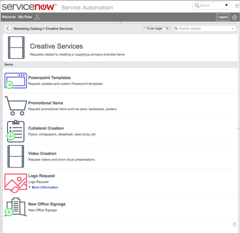 ServiceNow Marketing Service Management enables employees to request marketing services, including creative services, campaign operations and website publishing, and helps marketing staff efficiently fulfill those requests. It provides management visibility into the process. (Graphic: Business Wire)