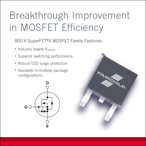 Fairchild's new 800V SuperFET II MOSFET family enables designers to improve the efficiency, cost-effectiveness and reliability of high performance solutions requiring breakdown voltage higher than 600V / 650V, and also reduces the board space of these designs by enabling the elimination of components. (Graphic: Business Wire)