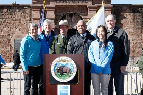 NEW YORK, NY - MARCH 12: (L-R) U.S. Secretary of the Interior Sally Jewell, Tim McClimon, President of the American Express Foundation, Park Ranger Daniel Prebutt, Mitchell J. Silver, Commissioner of the NYC Department of Parks and Recreation, Jane Chan, 21st Century Conservation Service Corp Member, and Neil Nicoll, President Emeritus of the YMCA of the USA attend American Express' announcement of a 5 million dollar grant to increase volunteering in America's National Parks at Castle Clinton National Monument, Battery Park on March 12, 2015 in New York City.  (Photo by Thos Robinson/Getty Images for American Express)