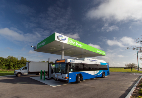 Natural gas transit bus and box truck fueling at Clean Energy natural gas fueling station at 6155 Cargo Road, Orlando, FL. (Photo: Business Wire) 